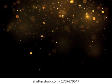 Gold, yellow bokeh effect on black background. Glitter and elegant for Christmas. Dust white. Sparkling magical particles. Magic concept. Vector