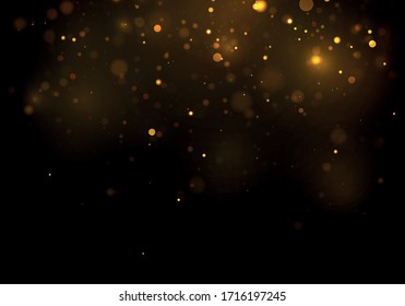 Gold, yellow bokeh effect on black background. Glitter and elegant for Christmas. Dust white. Sparkling magical particles. Magic concept. Vector