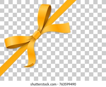 Gold, yellow bow knot and ribbon isolated on white background. Happy birthday, Christmas, New Year, Wedding, Valentine Day gift card or box package concept. Closeup Vector illustration 3d top view