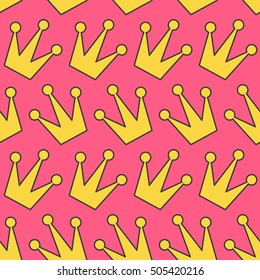 Gold yellow contour crown icon. King, queen, princess accessory. Seamless Pattern Wrapping paper, textile template. Pink background. Flat design. Vector illustration.