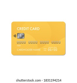 Gold, yellow credit card template icon isolated on white background.
