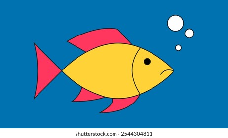 Gold yellow fish with red fins isolated on blue background