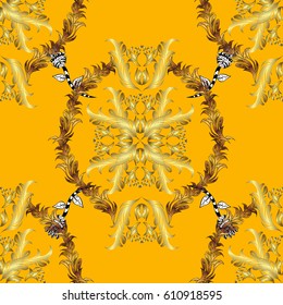 Gold yellow floral ornament in baroque style. Antique golden repeatable wallpaper. Damask seamless pattern repeating background. Golden element on yellow background.