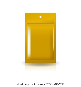 Gold yellow foil, plastic, paper flat zip bag with round hang hole for food, healthy, beauty product. Isolated on white background. Ready to use for package design. Realistic vector illustration.