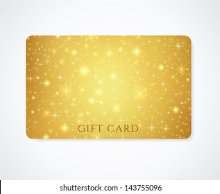 Gold (yellow, golden) Gift, Business card template with abstract pattern, sparkling, twinkling stars. Cosmic atmosphere (background). Universe. Design for discount card, invitation, ticket. Vector