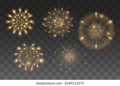 Gold, yellow, holiday fireworks on transparent background. Vector illustration