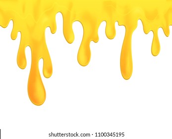 Gold yellow honey or yogurt liquid splashes isolated on white vector background. Fluid creamy peach yogurt or gold honey tasty delicious snack, sweet dessert illustration.