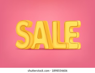 Gold or yellow inscription sale, volumetric letters on pink background for design. Falling prices.