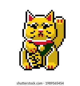 Gold Yellow Japanese Lucky Cat Maneki Neko Beckoning Good Luck Figurine Bobtail 8bit Pixel Art