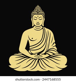 Gold Yellow Meditating Buddha Silhouette on Dark Background vector template