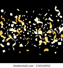 Gold yellow on black glossy holiday realistic confetti flying vector background. Premium flying tinsels, foil texture serpentine streamers, sparkles, confetti falling new year background.