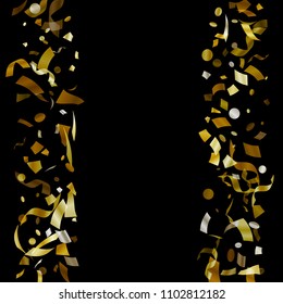 Gold yellow on black glowing holiday realistic confetti flying vector background. Modern flying tinsels, foil texture serpentine streamers, sparkles, confetti falling new year background.