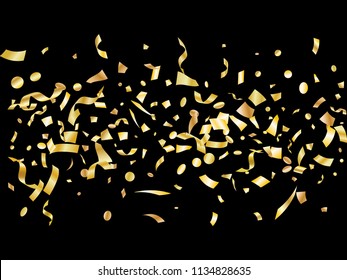 Gold yellow on black glowing holiday realistic confetti flying vector background. Chic flying tinsels, foil texture serpentine streamers, sparkles, confetti falling Christmas background.