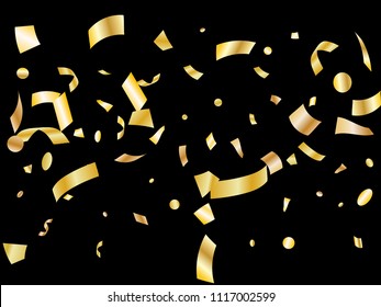 Gold yellow on black shiny holiday realistic confetti flying vector background. VIP flying tinsels, foil texture serpentine streamers, sparkles, confetti falling Christmas background.