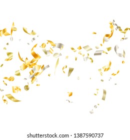 Gold yellow on white glossy holiday realistic confetti flying vector background. Modern flying tinsels, foil texture serpentine streamers, sparkles, confetti falling anniversary background. - Shutterstock ID 1387590737