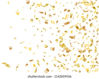 Gold yellow on white shiny holiday realistic confetti flying vector background. Trendy flying tinsels, foil texture serpentine streamers, sparkles, confetti falling anniversary background.