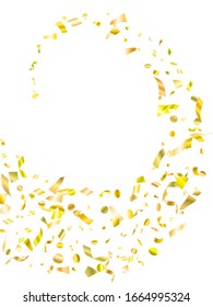 Gold yellow on white shiny holiday realistic confetti flying vector background. Creative flying tinsels, foil texture serpentine streamers, sparkles, confetti falling birthday background.