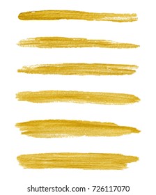 Gold yellow paint vector textured abstract brushes. Golden hand drawn brush strokes