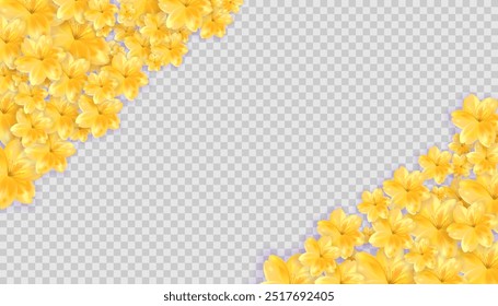 Gold yellow petals corners composition banner frame template on checkered grey background. Stock vector illustration isolated on transparent background.