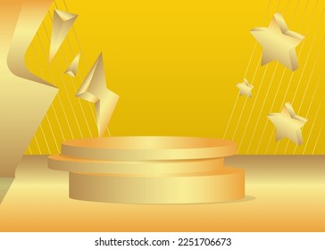 Gold and yellow product display. Vector 3D golden room, cylinder pedestal podium. Stage showcase for presentation. Futuristic Sci-fi minimal geometric forms, empty scene.