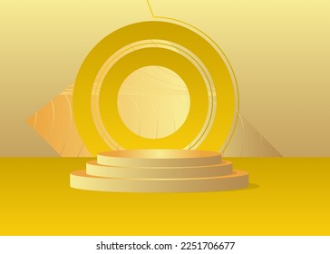 Gold and yellow product display. Vector 3D golden room, cylinder pedestal podium. Stage showcase for presentation. Futuristic Sci-fi minimal geometric forms, empty scene.