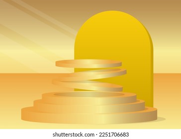 Gold and yellow product display. Vector 3D golden room, cylinder pedestal podium. Stage showcase for presentation. Futuristic Sci-fi minimal geometric forms, empty scene.