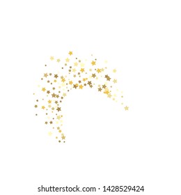 Fondo estrellado amarillo dorado. Patrón de fondo de estrella de confeti de Vector. Noche de luz estelar. Tarjeta Starlit dorada. Decoración caótica de confeti.