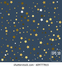 Gold Yellow Starry Background. Vector Confetti Star Background Pattern. Starlight Night.  Golden Starlit Card. Confetti Fall Chaotic Decor.