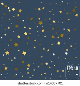 Gold Yellow Starry Background. Vector Confetti Star Background Pattern. Starlight Night.  Golden Starlit Card. Confetti Fall Chaotic Decor.