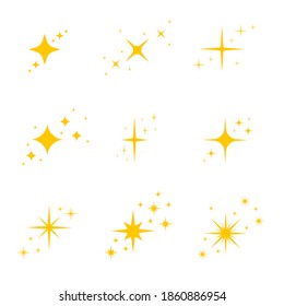 Gold, yellow stars twinkles and sparkles icons. Bright flash, dazzle light, shining glow effects set. Vector illustration.