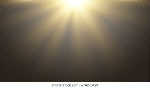 Gold Yellow warm light effect, glitter hot sun dust, sun rays, beams, abstract elements on transparent background, golden sparkles. Vector illustration.