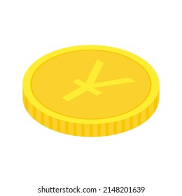 Gold yen coin. Isometric golden money icon. Chinese yuan symbol. Vector illustration isolated on white.