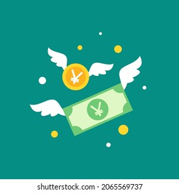 Gold yen coins and banknotes with wings. Flat  blue background. Flying money. Economy, finance, money pictogram. Wealth symbol.  Vector illustration. Free, easy.  Spend, expenses  