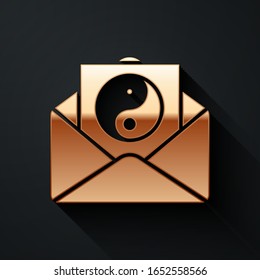 Gold Yin Yang and envelope icon isolated on black background. Symbol of harmony and balance. Long shadow style. Vector Illustration