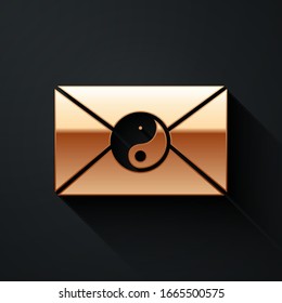 Gold Yin Yang and envelope icon isolated on black background. Symbol of harmony and balance. Long shadow style. Vector Illustration