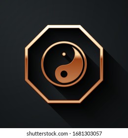 Gold Yin Yang symbol of harmony and balance icon isolated on black background. Long shadow style. Vector Illustration