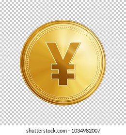 Gold yuan coin. Circle coin with yuan symbol isolated on transparent background. Means of payment, global currency, world economics, finances and investment concept. Realistic vector illustration.