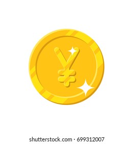 Gold yuan or yen coin cartoon style isolated. Shiny gold Chinese yuan or Japanese yen sign for designers and illustrators. Gold piece in the form of a vector illustration