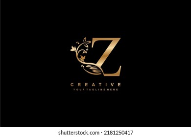 Gold Z Logo Design mit luxuriöser und schöner Dekoration von Blumen, Federn, Blättern. Z.Monogram. Z Typografie.  Anfangsbuchstaben Z Logo. Logo-Bulu-Emas. geeignet für Geschäfts-, Hochzeit-, Boutiquen- 