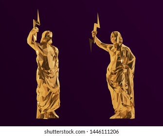 Gold Zeus. Shiny Metallic Set of Golden Zeus on Purple Background. Low Poly Vector 3D Rendering