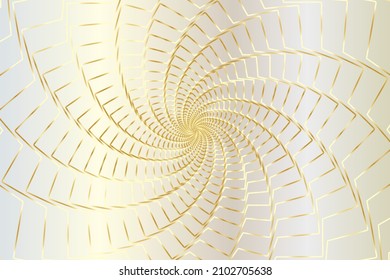 Túnel de alambre abstracto del círculo zigzag dorado. El efecto dorado de la espiral del sol sobre el fondo dorado blanco. Ilustración vectorial.