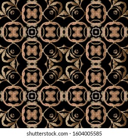 Gold  zigzag stitching embroidery style seamless pattern. Ornamental vector tapestry background. Floral grunge vintage ornaments with embroidered flowers, leaves, shapes. Textured ornate design.