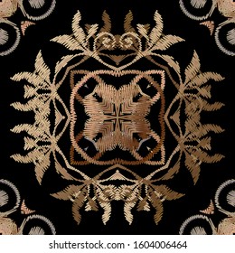Gold  zigzag stitching embroidery style seamless pattern. Ornamental vector tapestry background. Floral grunge vintage ornaments with embroidered flowers, leaves, shapes. Textured ornate design.