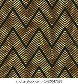 Gold zigzag stripes vector seamless pattern.