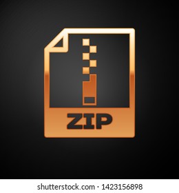 Gold ZIP file document icon. Download zip button icon isolated on black background. ZIP file symbol. Vector Illustration
