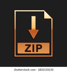 Gold ZIP file document icon. Download ZIP button icon isolated on black background. Long shadow style. Vector.
