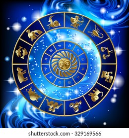 Gold zodiac circle with the signs and the constellations. Calendar cover design. Vector illustration