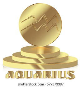 Gold Zodiac sign. Aquarius - Astrological and Horoscope symbol on pedestal
