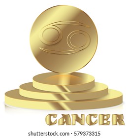 Gold Zodiac sign. Cancer - Astrological and Horoscope symbol on pedestal