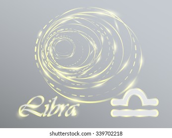Gold zodiac sign with golden spirals on a gray background